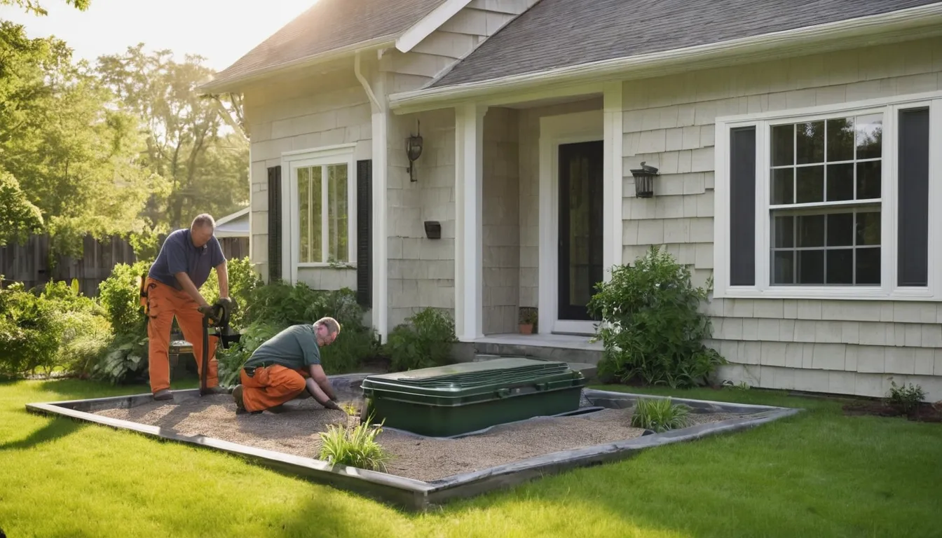 A local provider inspecting a septic tank lid beside an older home in Edwardsville